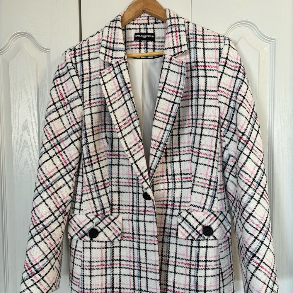 Karl Lagerfeld Black, Pink and Blue Plaid Blazer